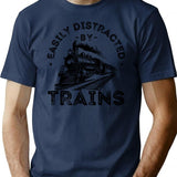Easily Distracted By Trains Railway Enthusiast Design With Vintage Train Illustration T-Shirt - Navy
