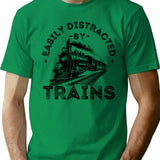 Easily Distracted By Trains Railway Enthusiast Design With Vintage Train Illustration T-Shirt - Green
