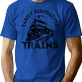 Easily Distracted By Trains Railway Enthusiast Design With Vintage Train Illustration T-Shirt - Blue