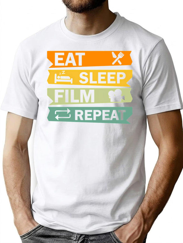 Eat Sleep Film Repeat Funny Film Quote Film Buff Movie Buff Gift Idea T-Shirt for Men & Women, T-Shirts Graphic Tee - White