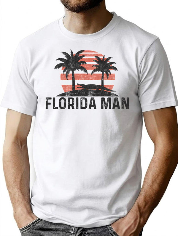 Florida Man State Funny Meme Vintage Palm Trees And Sunset Retro Sun T-Shirt for Men & Women, T-Shirts Graphic Tee - White