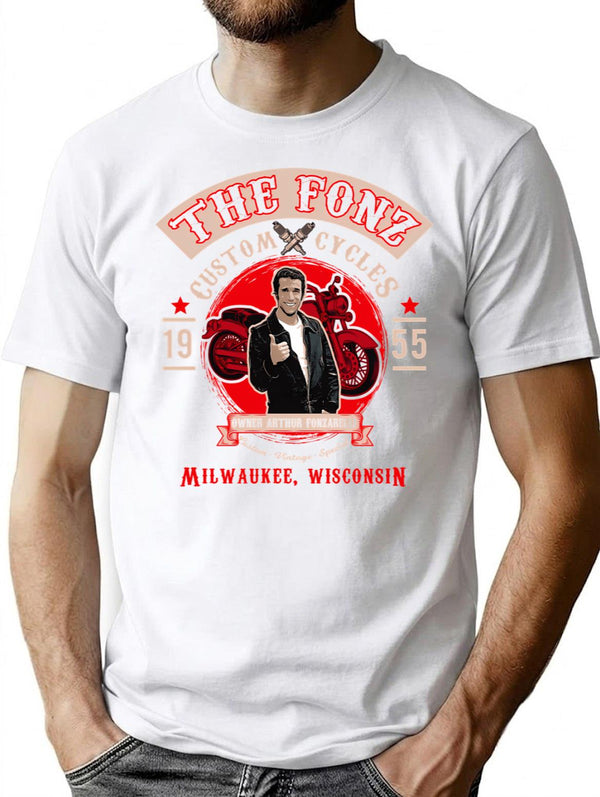 Fonzy Custom Cycle Shop T-Shirt for Men & Women, T-Shirts Graphic Tee - White
