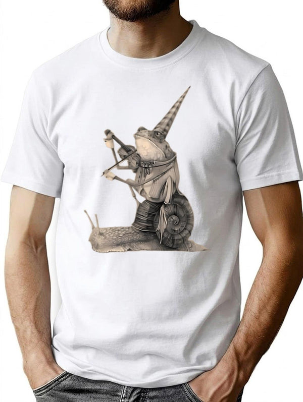 Frog Playing Violin While Riding A Snail Medieval Renaissance T-Shirt for Men & Women, T-Shirts Graphic Tee - White