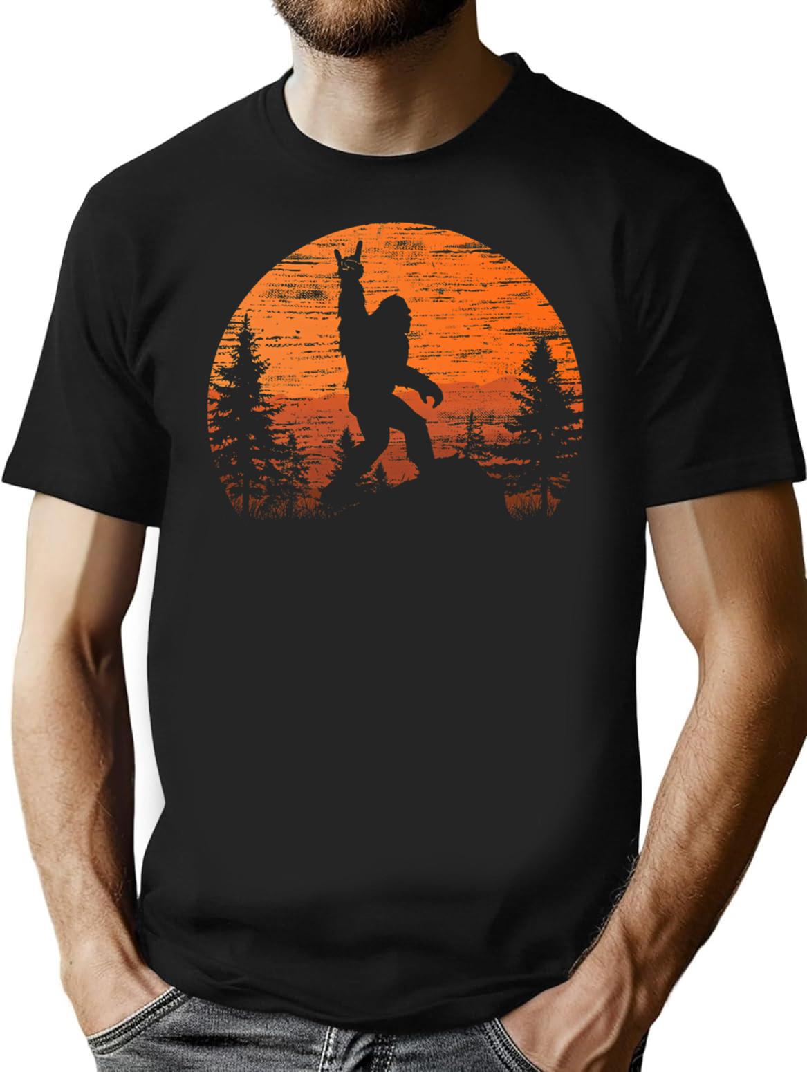 Funny Bigfoot Rock Roll Retro Moon Forest Sasquatch Believers T-Shirt - Black