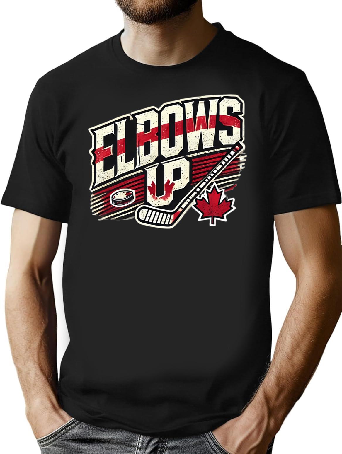 Funny Canadian Hockey Design - Elbows Up Maple Leaf Pride T-Shirt - Black