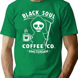 Funny Coffee Amsterdam Black Soul Coffee Cafe Grim Reaper Cool Retro Vintage Graphic Dutch Coffee Netherlands T-Shirt - Green