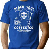 Funny Coffee Amsterdam Black Soul Coffee Cafe Grim Reaper Cool Retro Vintage Graphic Dutch Coffee Netherlands T-Shirt - Blue