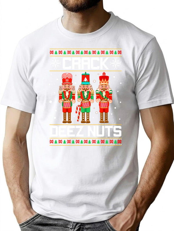 Funny Crack Deez Nuts Ugly Christmas Sweater Xmas Nutcracker T-Shirt for Men & Women, T-Shirts Graphic Tee - White