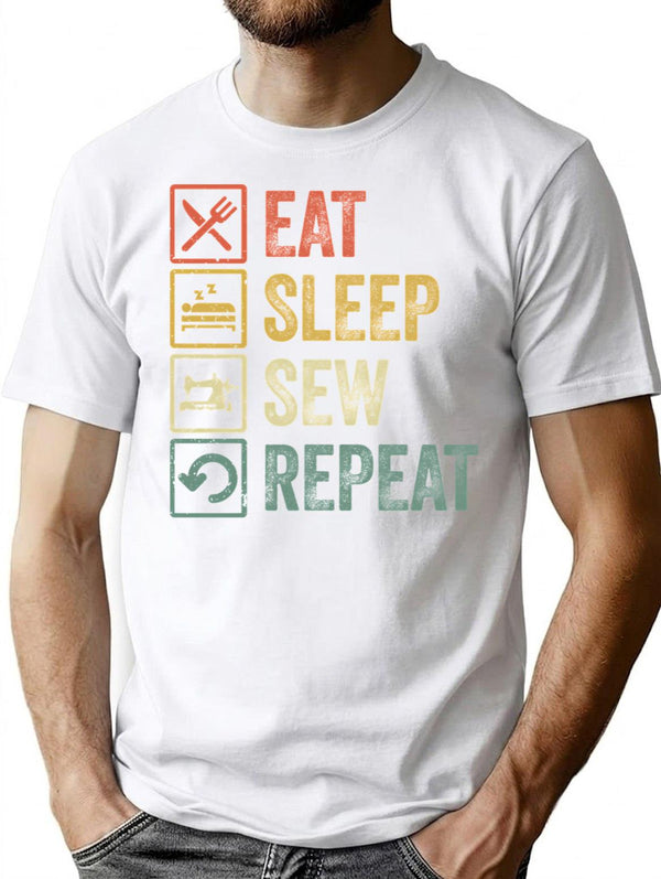 Funny Eat Sleep Sew Repeat Retro Vintage Gift T-Shirt for Men & Women, T-Shirts Graphic Tee - White