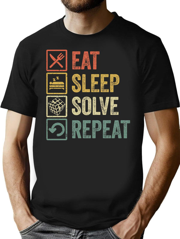 Funny Eat Sleep Solve Repeat Retro Vintage Gift T-Shirt for Men & Women, T-Shirts Graphic Tee - Black