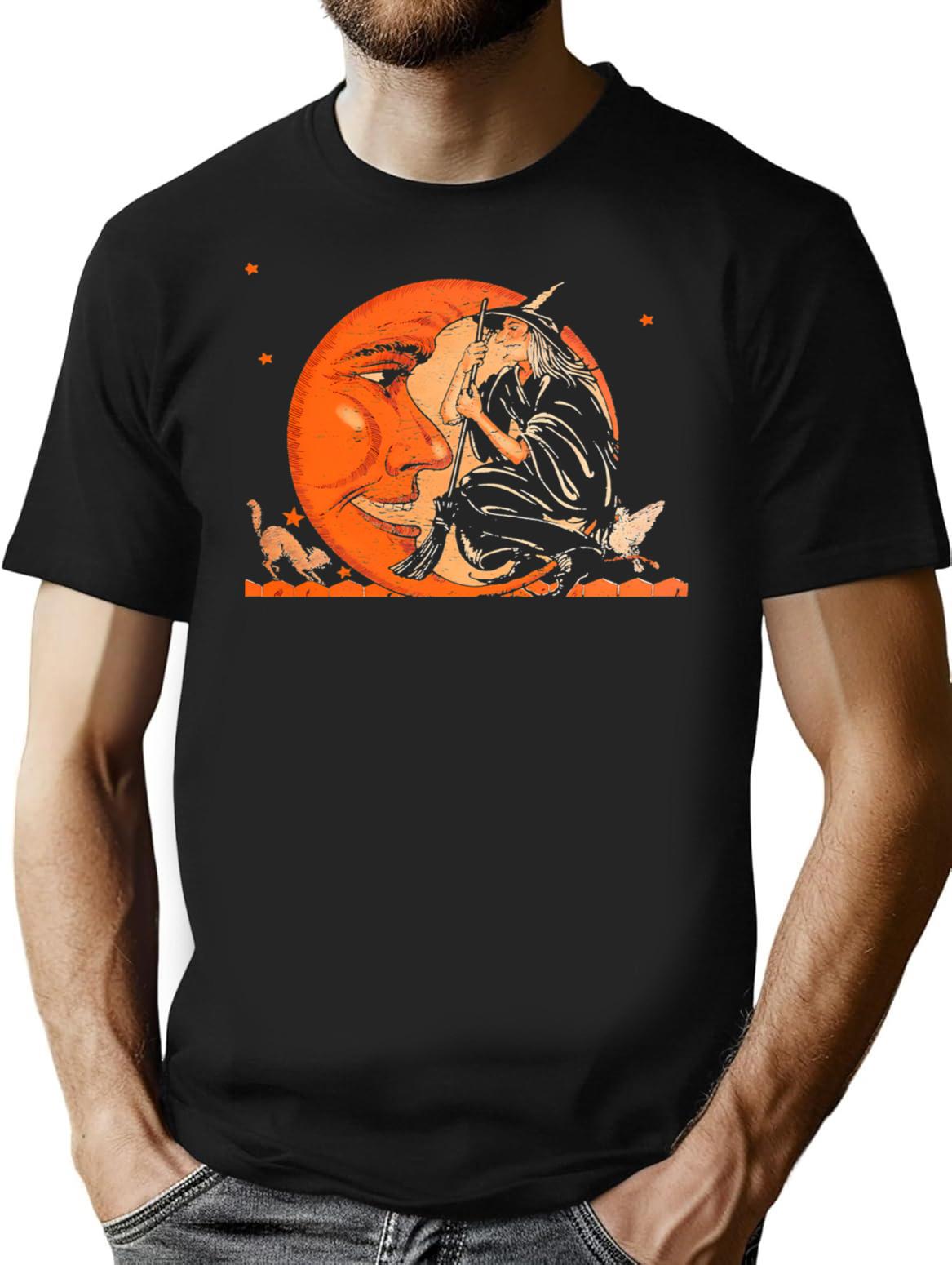 Great Vintage Witch And Moon Halloween T-Shirt - Black