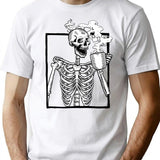 Halloween Skeleton Drinking Coffee Funny T-Shirt - Sarcastic Humor Graphic Tee - White
