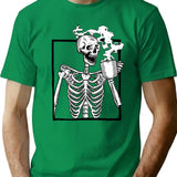Halloween Skeleton Drinking Coffee Funny T-Shirt - Sarcastic Humor Graphic Tee - Green