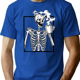 Halloween Skeleton Drinking Coffee Funny T-Shirt - Sarcastic Humor Graphic Tee - Blue