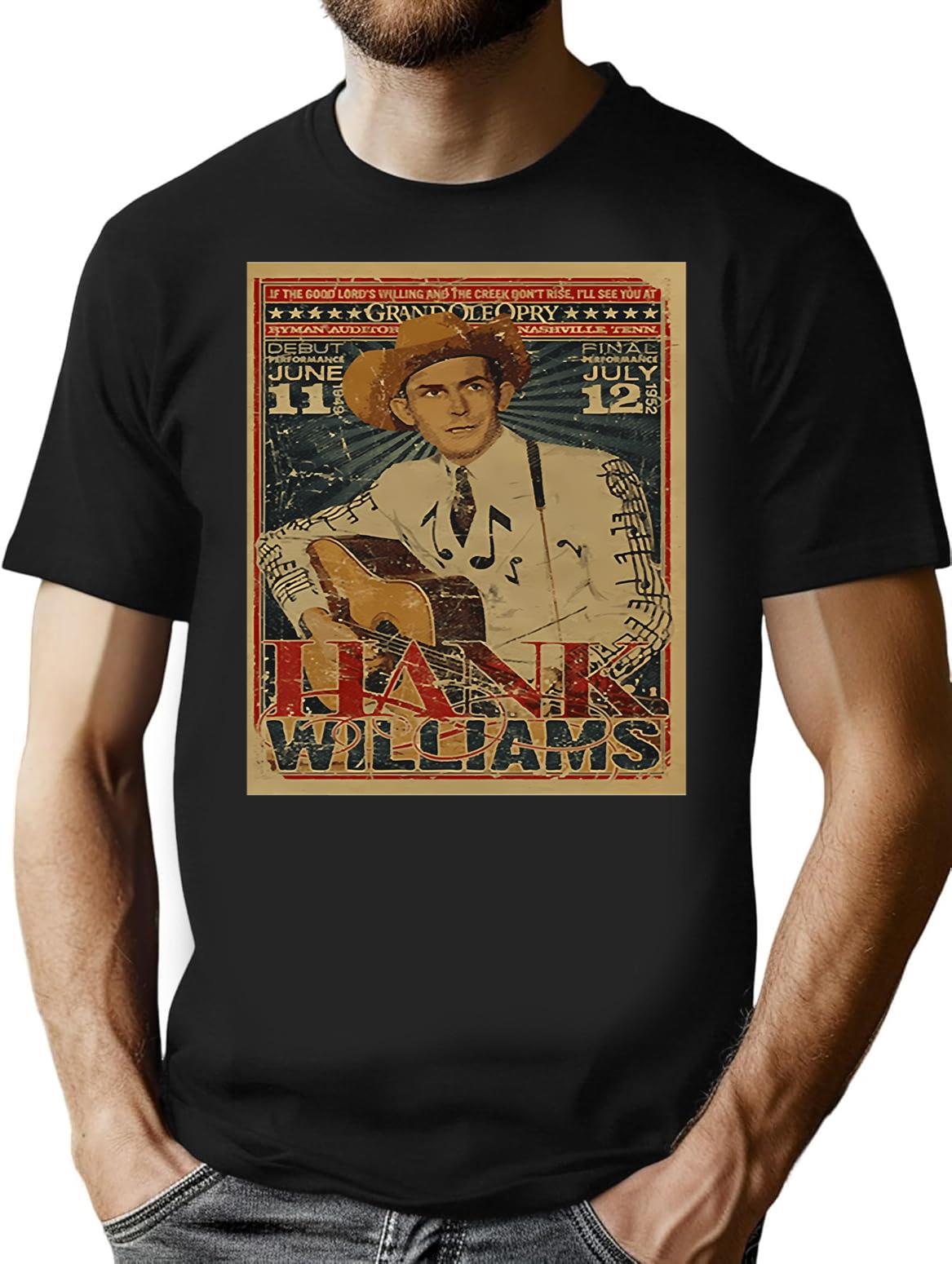 Hank_william Classic Classique T-Shirt - Retro Graphic Tee for Men & Women - Black