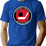 Hockey Night In Montreal Logo. Funny Father's Day Gift. Retro Canadian Habs Canadiens Canada Parody. T-Shirt - Blue