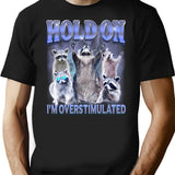 Hold On I'm Overstimulated Funny Raccoon Meme T-Shirt - Black