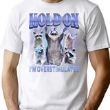 Hold On I'm Overstimulated Funny Raccoon Meme T-Shirt - White