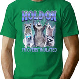 Hold On I'm Overstimulated Funny Raccoon Meme T-Shirt - Green