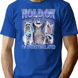 Hold On I'm Overstimulated Funny Raccoon Meme T-Shirt - Blue