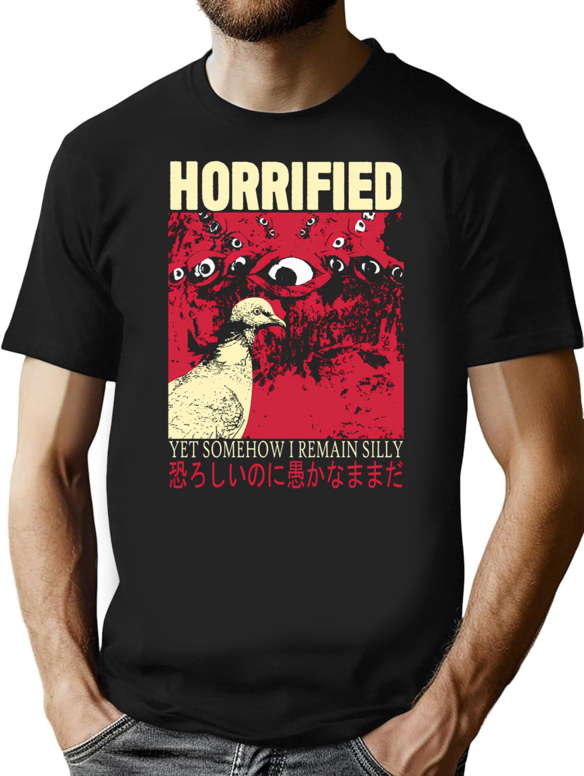 Horrified Pigeon T-Shirt - Retro Graphic Tee for Men & Women - Black