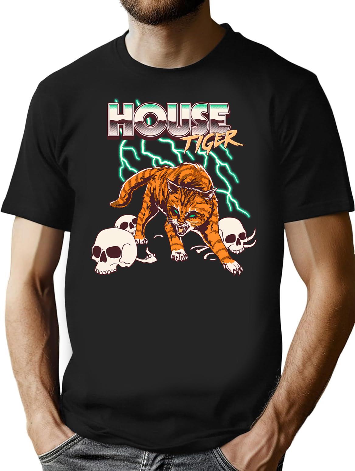 House Tiger T-Shirt - Retro Graphic Tee for Men & Women - Black