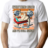 Hungry Chicken Bench Press Funny T-Shirt - Sarcastic Humor Graphic Tee - White