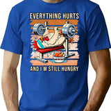Hungry Chicken Bench Press Funny T-Shirt - Sarcastic Humor Graphic Tee - Blue