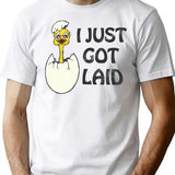 I Just Got Laid Vintage Distressed Design Vintage Funny Saying Chicken Just Got Laid T-Shirt - White