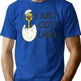 I Just Got Laid Vintage Distressed Design Vintage Funny Saying Chicken Just Got Laid T-Shirt - Blue
