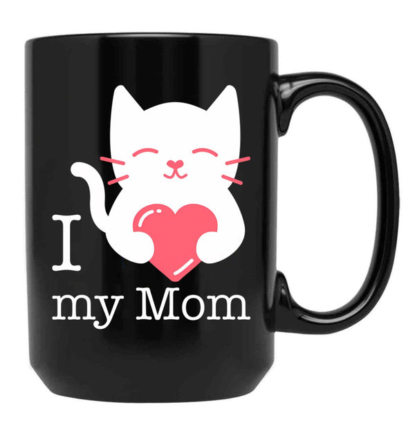 I Love My Mom With Heart And Cute Cat Black Coffee Mug - Black