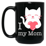 I Love My Mom With Heart And Cute Cat Black Coffee Mug