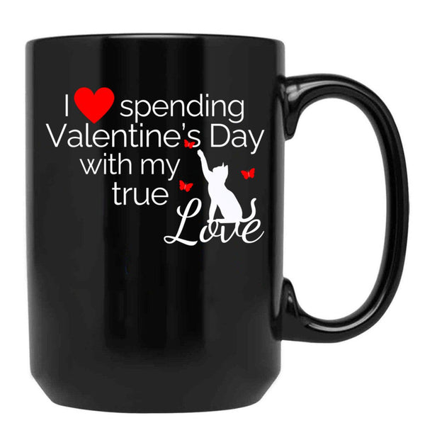 I Love Spending Valentine'S Day With My True Love Cat Black Coffee Mug - Black
