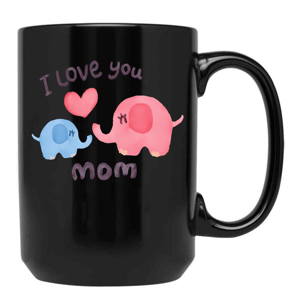 I Love You Mom Watercolor Elephants Black Coffee Mug - Black