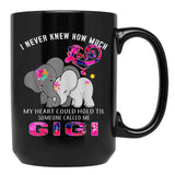 I Never Knew How Much My Heart Could Hold Til Someone Called Me Gigi Elephant Hippie Black Coffee Mug - Black