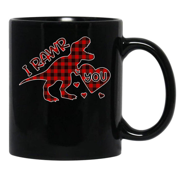 I Rawr You Valentine T-Rex Love You Buffalo Plaid Black Coffee Mug - Black