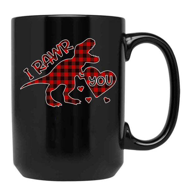 I Rawr You Valentine T-Rex Love You Buffalo Plaid Black Coffee Mug - Black