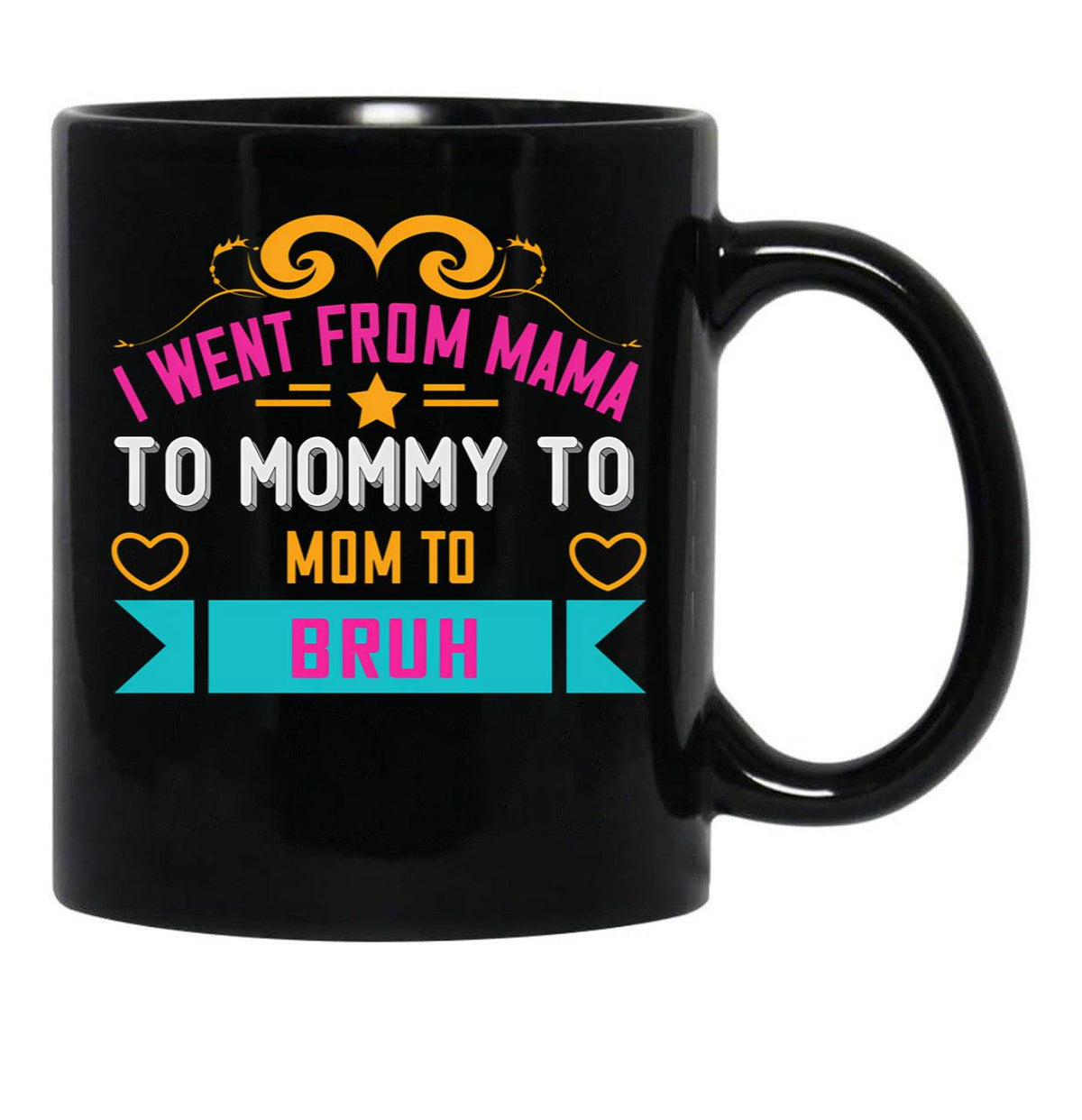 I Went From Mama To Mommy To Mom To Bruh Pink Black Coffee Mug - Black