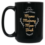 I Went From Mama To Mommy To Mom To Bruh (42) Black Coffee Mug