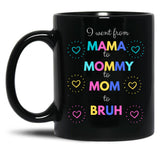 I Went From Mama To Mommy To Mom To Bruh (48) Black Coffee Mug