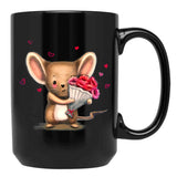 Illustration Of Cute Mouse With A Flower Bouquet Black Coffee Mug - Black