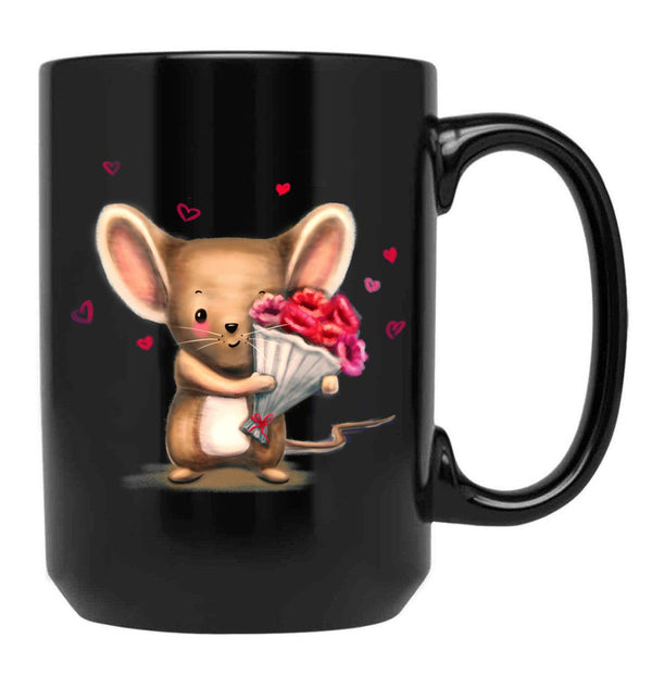 Illustration Of Cute Mouse With A Flower Bouquet Black Coffee Mug - Black